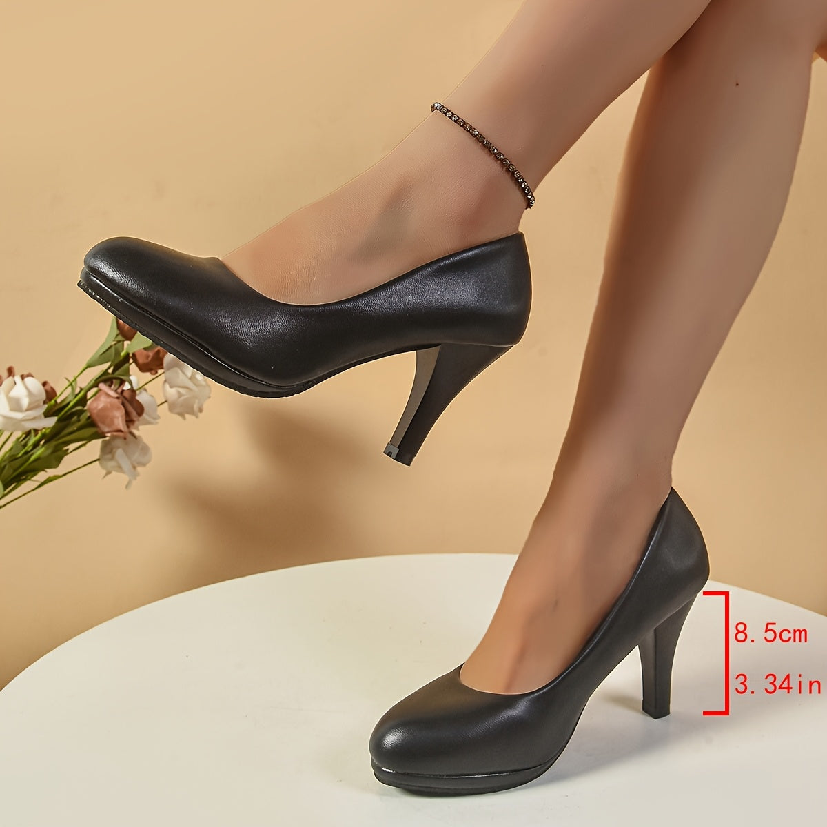 Women's Black Faux Leather Chunky Heel Dress Pumps Slip-On Shoes