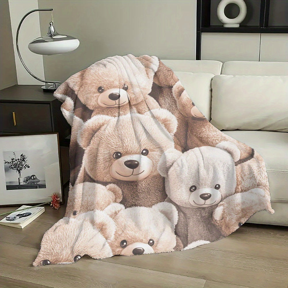 Cartoon Teddy Bear Print Flannel Throw Blanket for All Seasons Hypoallergenic Quilted Bedding