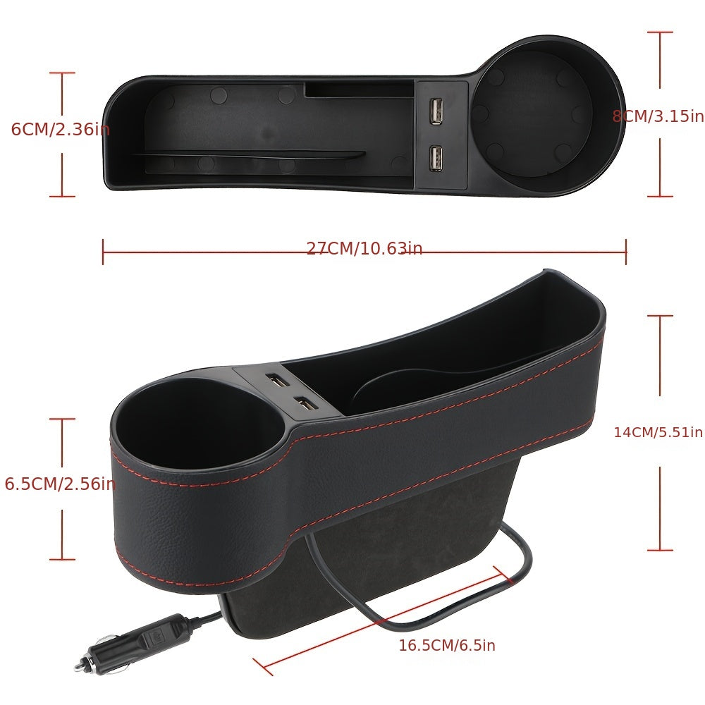 Organizador de asientos de coche con caja de almacenamiento y cargador USB dual, portavasos y vaso de agua