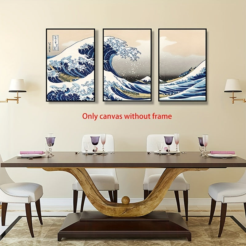 Conjunto de 3 carteles de arte en lienzo de estilo japonés, olas de Kanagawa, decoración de paisaje para sala de estar, dormitorio, oficina