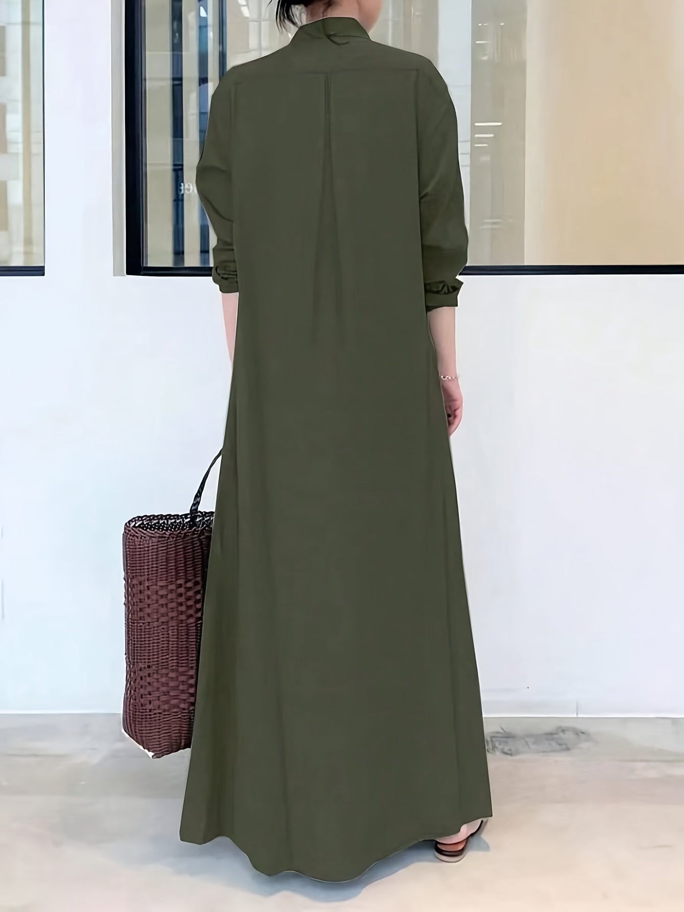 Women's Solid Color Button Front Shirt Dress with Long Sleeves Maxi Style for Spring and Fall