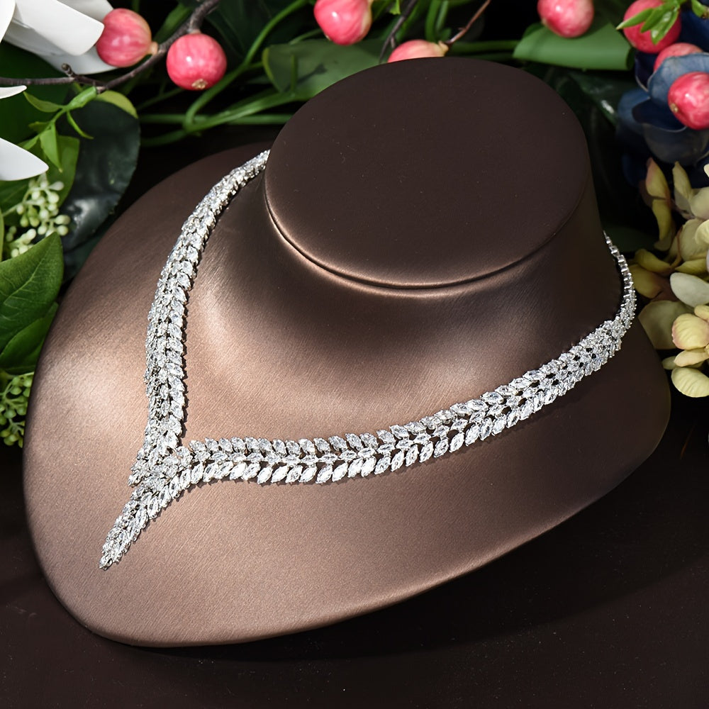 Elegant Leaf-Shaped Jewelry Set Zirconia 18K Gold Plated Copper Wedding Party Bridal