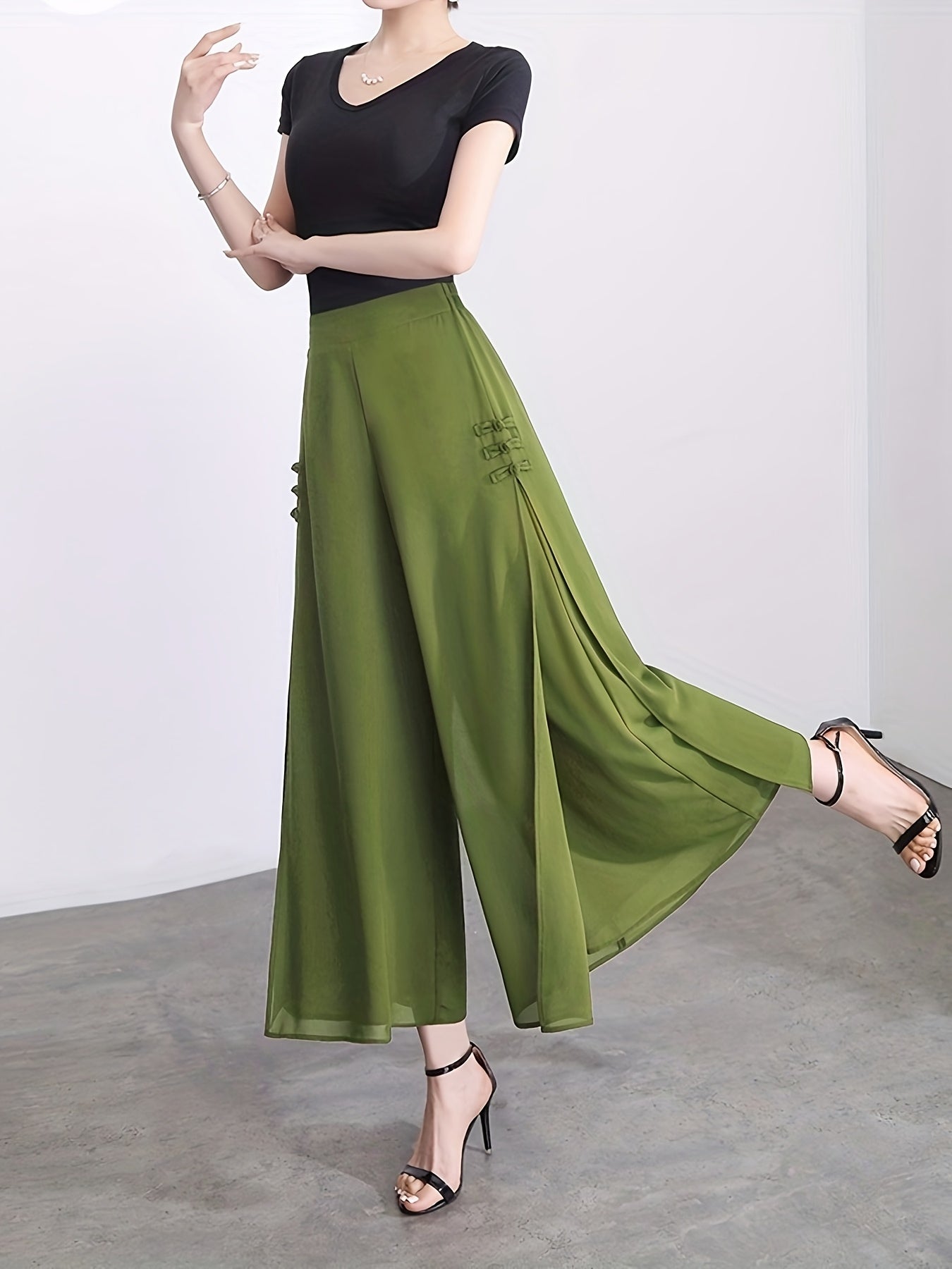 Plus o'lcham ayollar uchun ikki qatlamli chiffon yubka shimlar bir rangli yon bo'lakli yozgi rasmiy kundalik