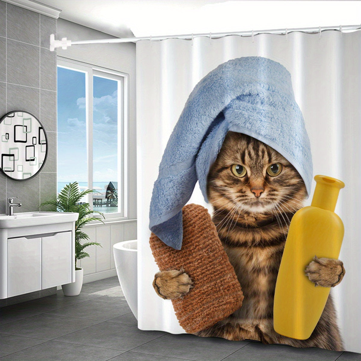 Funny Cat Pattern Shower Curtain Waterproof Fabric for Bathroom Decor