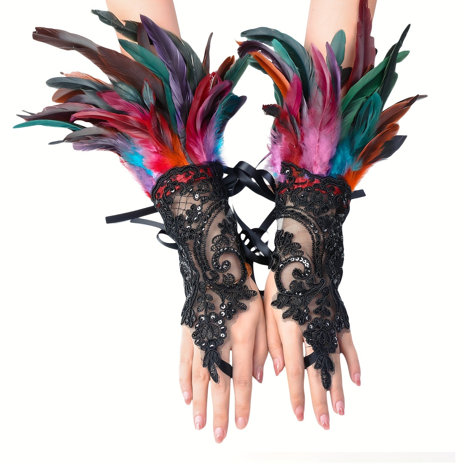 Gothic Lace Gloves with Faux Feathers Sequins and Lace-Up Hooks for Halloween
