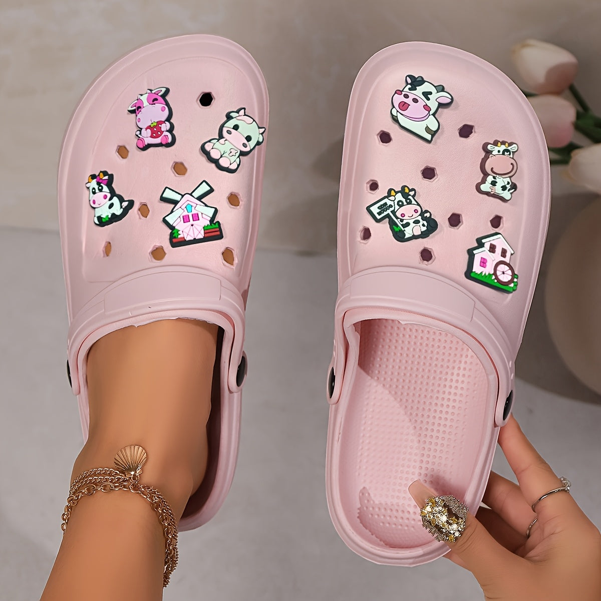 Women's Summer EVA Clogs with Cartoon Cow and Windmill Charms Sandals