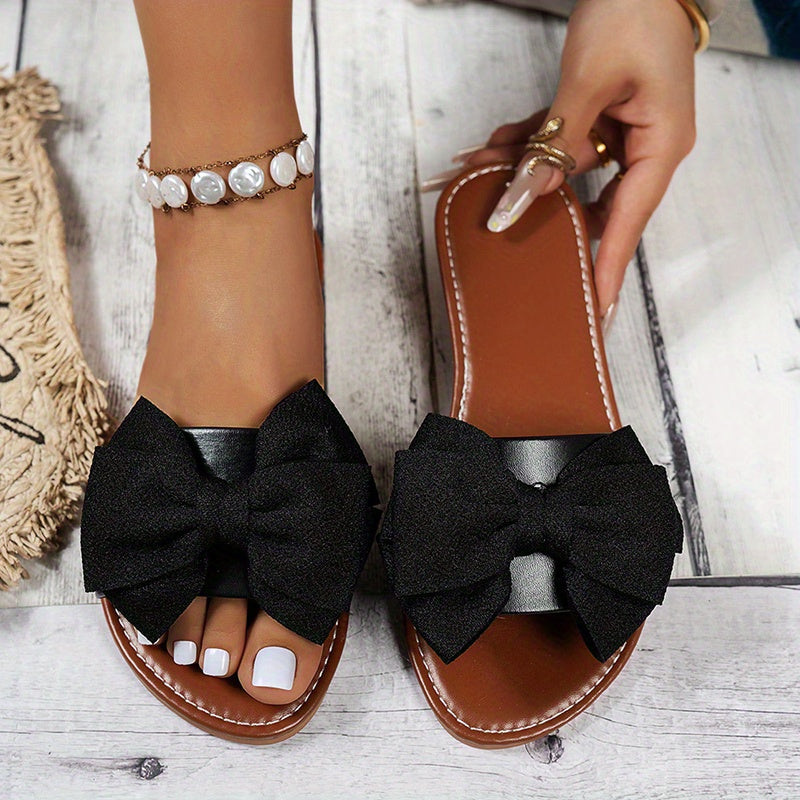 Women's Black Bow Slide Sandals Open-Toe Summer Beach Slippers