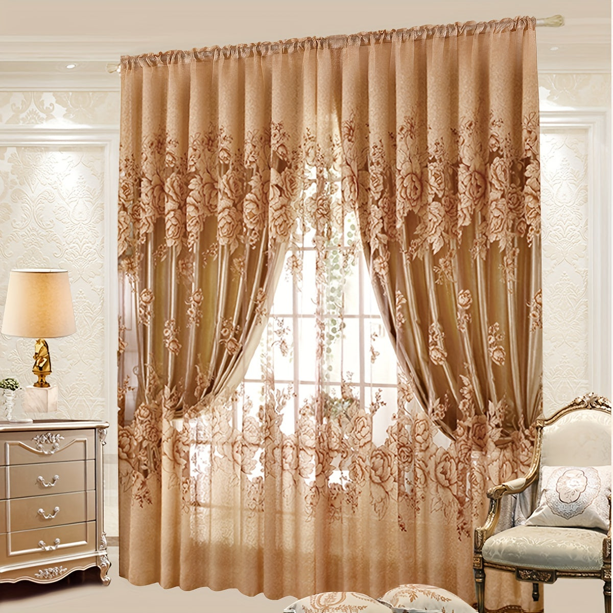 Sheer Curtain with Flower Pattern Translucent Rod Pocket Living Room Decor