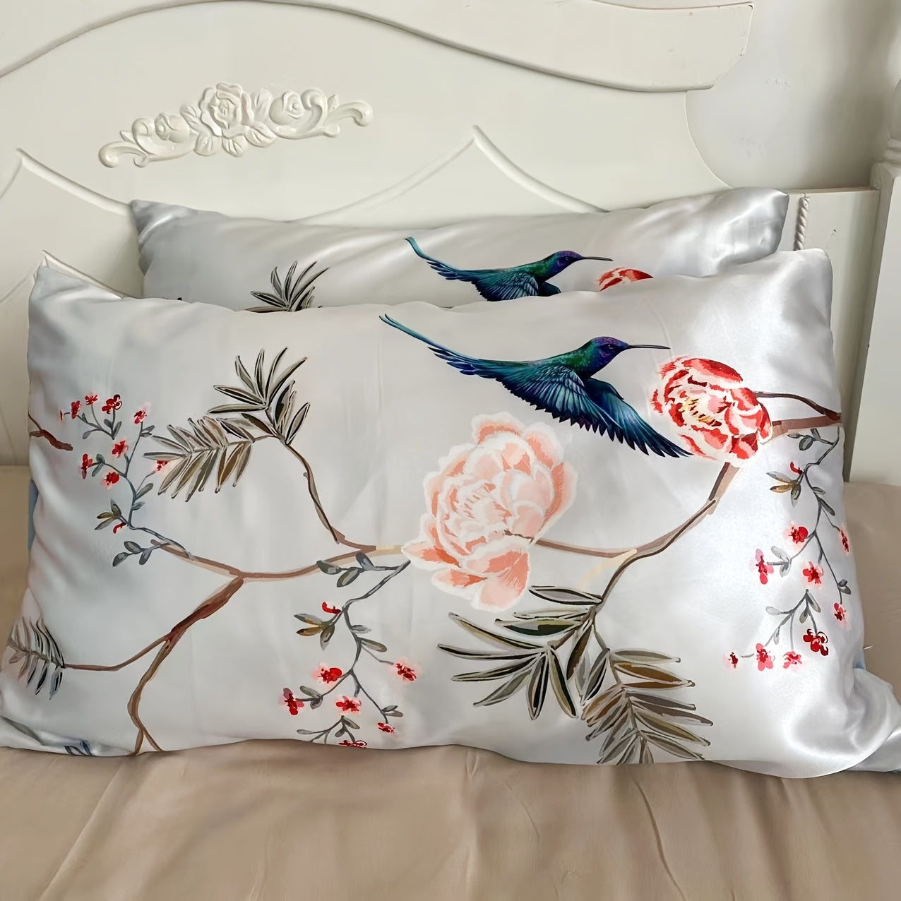 Set of 2 Satin Pillowcases with Floral Bird Patterns Reversible Envelope Closure