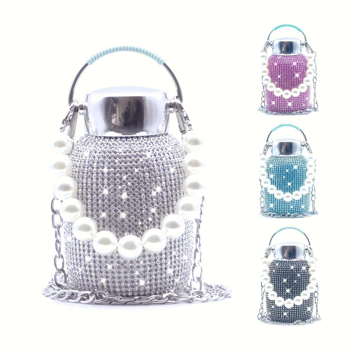 Double Layer Stainless Steel Water Bottle 260ml 8.8oz with Rhinestones for Hot Cold Drinks