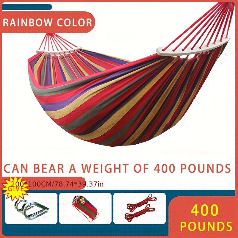 Heavy-Duty Rainbow Canvas Hammock for Single or Double Support Up to 226.8 KG with Wooden Sticks and Tree Straps