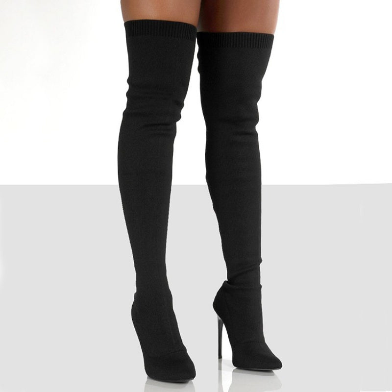 Women's Over-the-Knee Boots Slip-On Stiletto Heels Round Toe Elastic Fabric