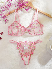 Women's Embroidered Mesh Floral Lingerie Set with Bra and Thong