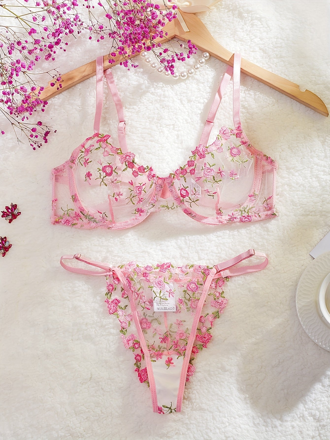 Women's Embroidered Mesh Floral Lingerie Set with Bra and Thong