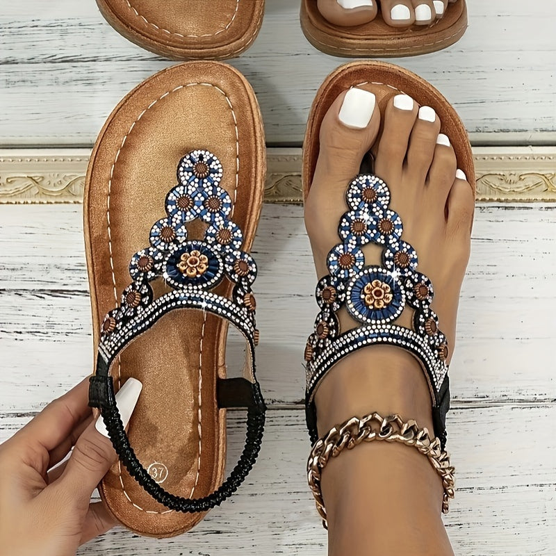 Ladies Flat Sandals With Floral Embellishments and Open Toe