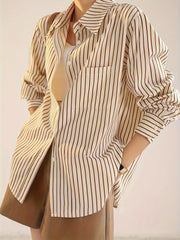 Women's Long Sleeve Striped Button-Up Shirt with Polo Collar for Spring Summer