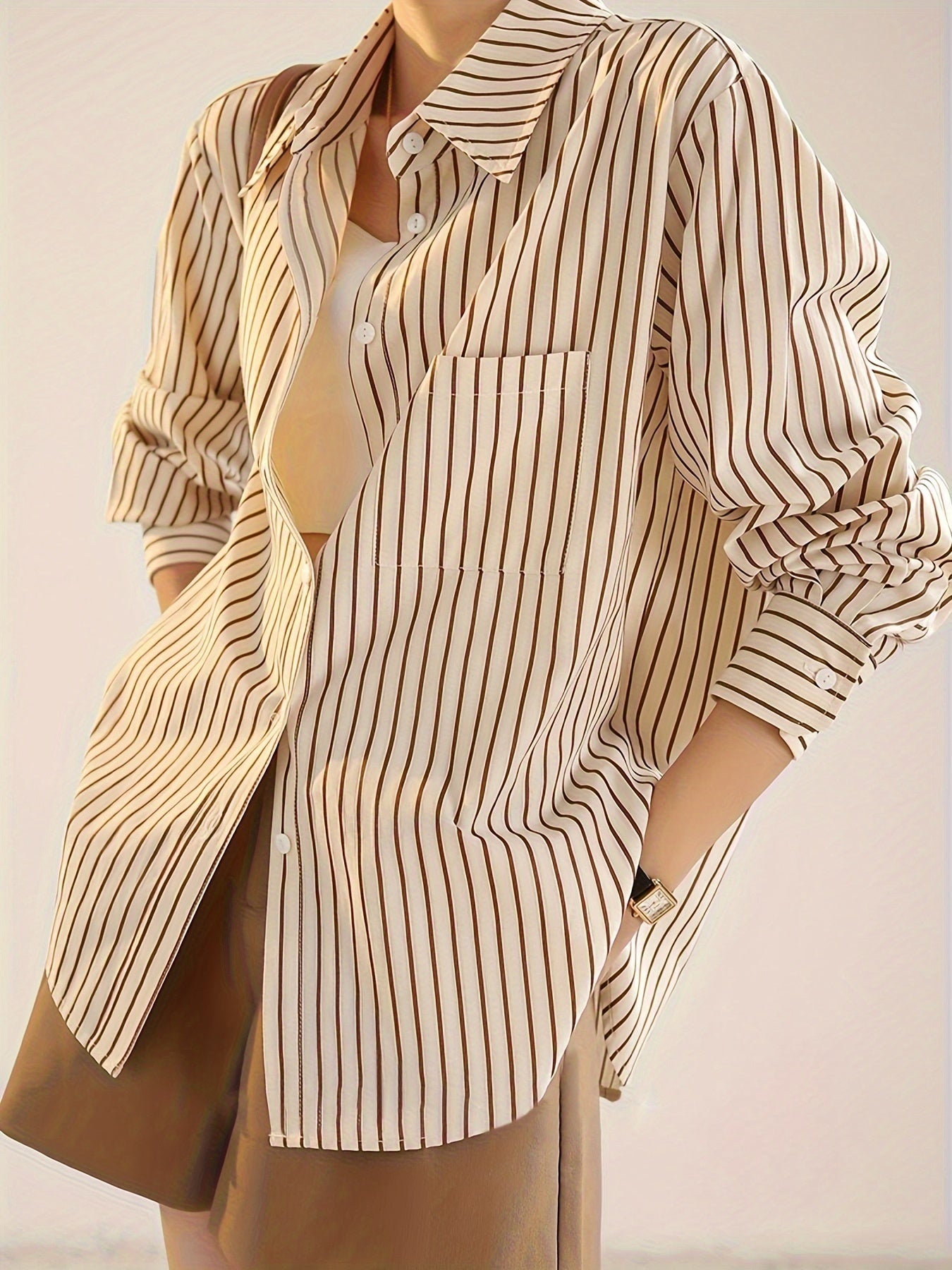 Women's Long Sleeve Striped Button-Up Shirt with Polo Collar for Spring Summer