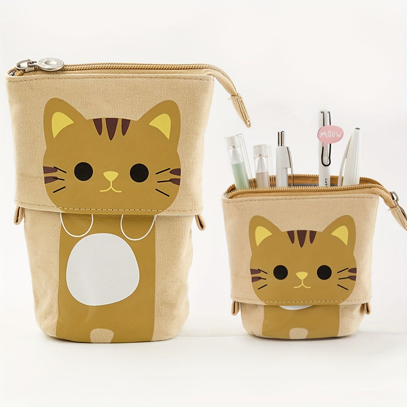 Canvas Cat Pencil Case with Zipper, Expandable, 2-in-1 Telescopic Pouch for Students