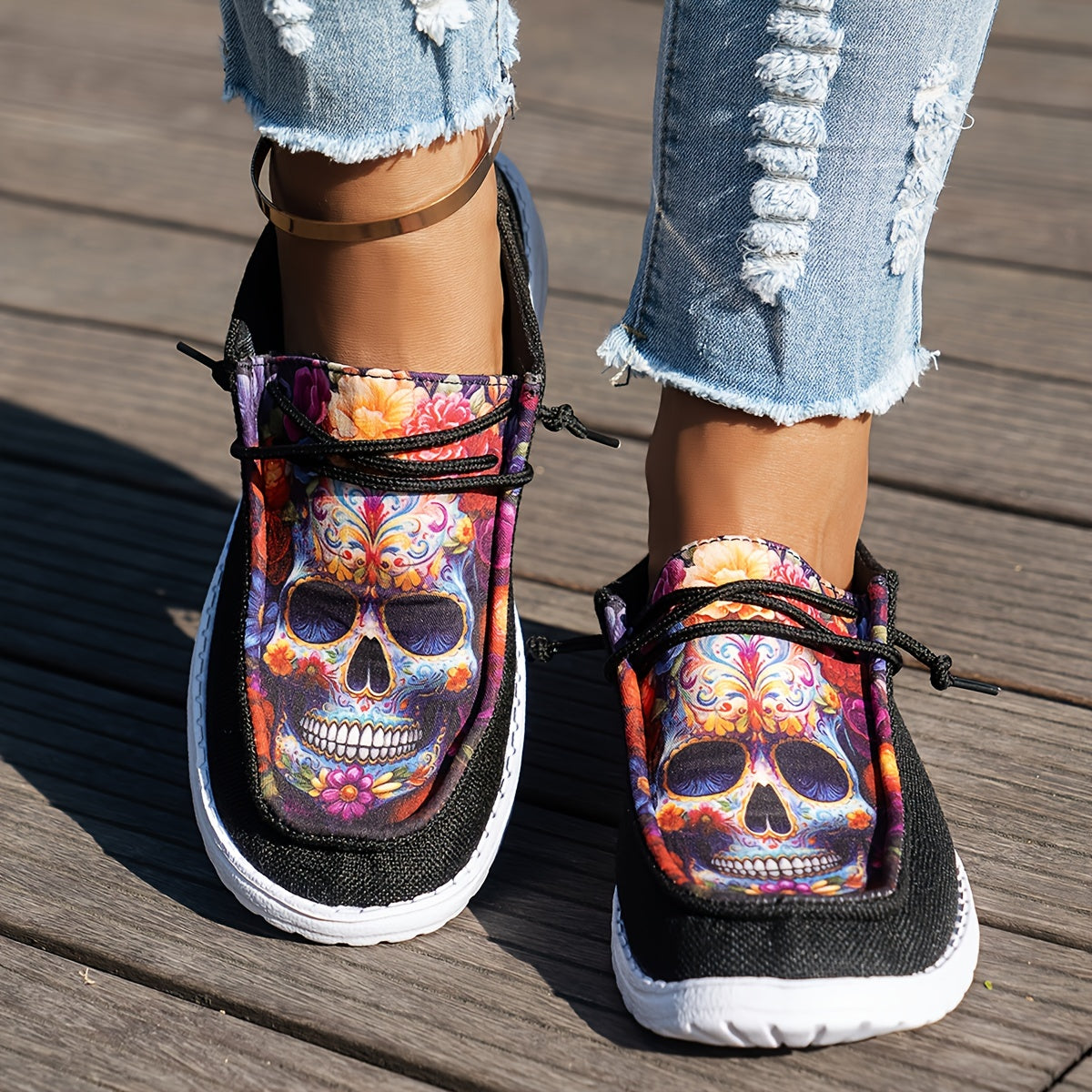 Women Black Loafers with Colorful Skull Design Breathable Non-Slip Slip-On