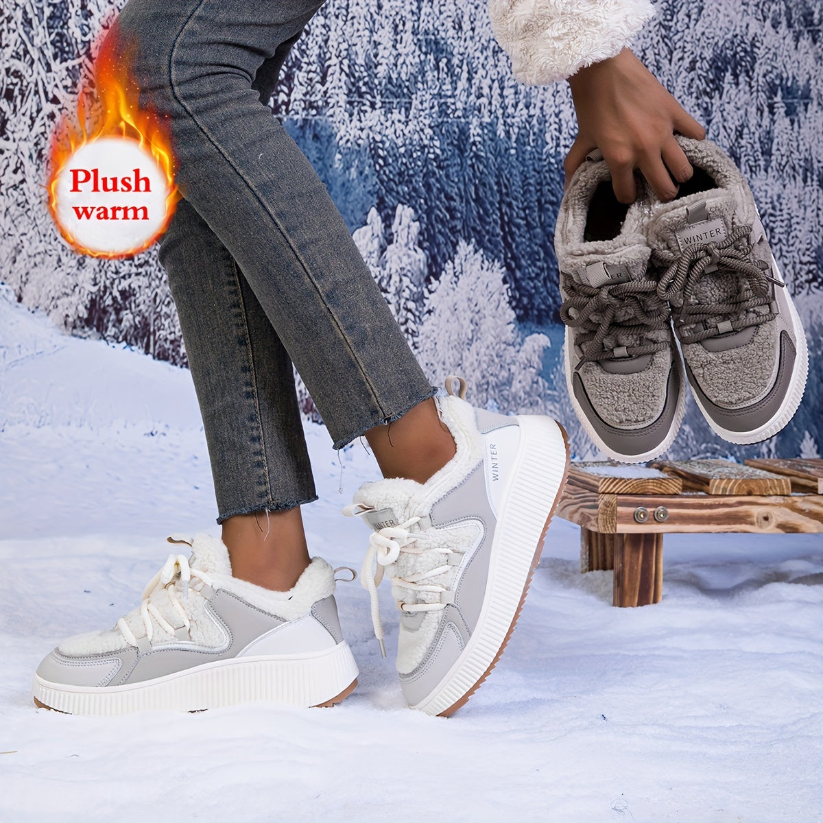 Women's Winter Sports Shoes Fleece-Lined Thick-Soled Sneakers