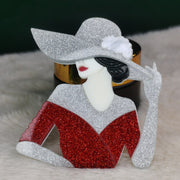 Vintage Fashion Ensemble with Silver Big Hat and Red Skirt