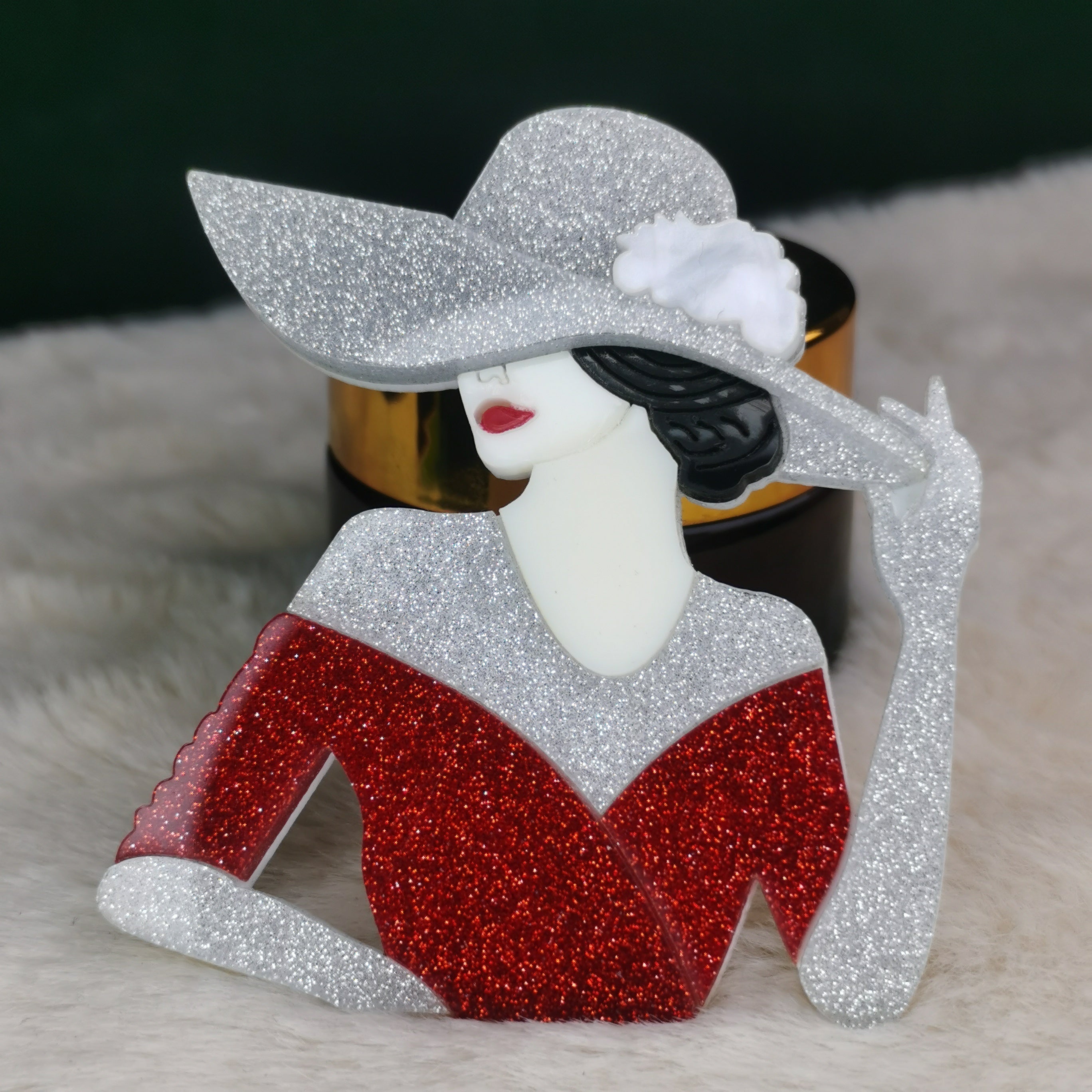Vintage Fashion Ensemble with Silver Big Hat and Red Skirt
