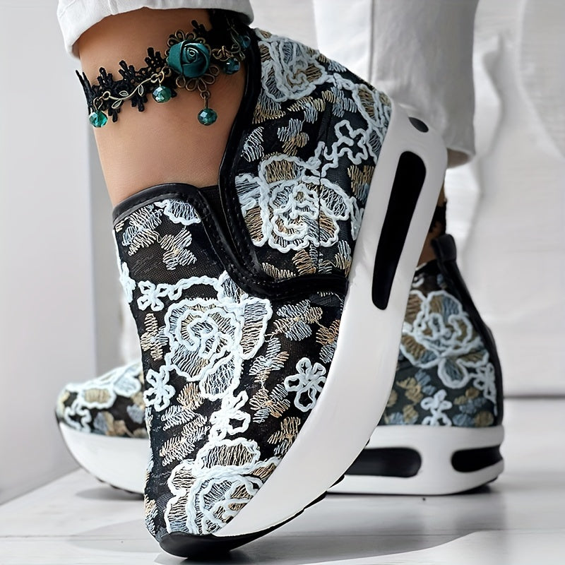Women’s Colorful Embroidered Floral Slip-On Sneakers Breathable Fabric