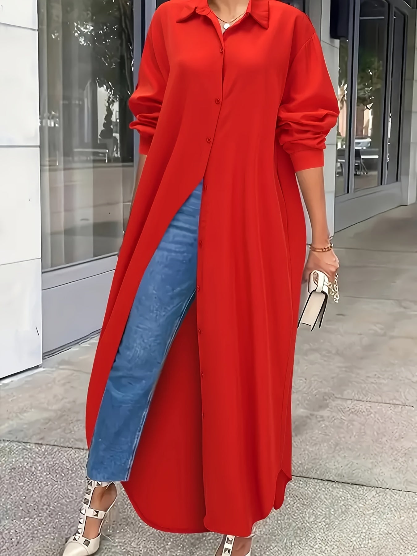 Plus Size Longline Shirt for Women Solid Color Button Front Elegant Woven Shirt