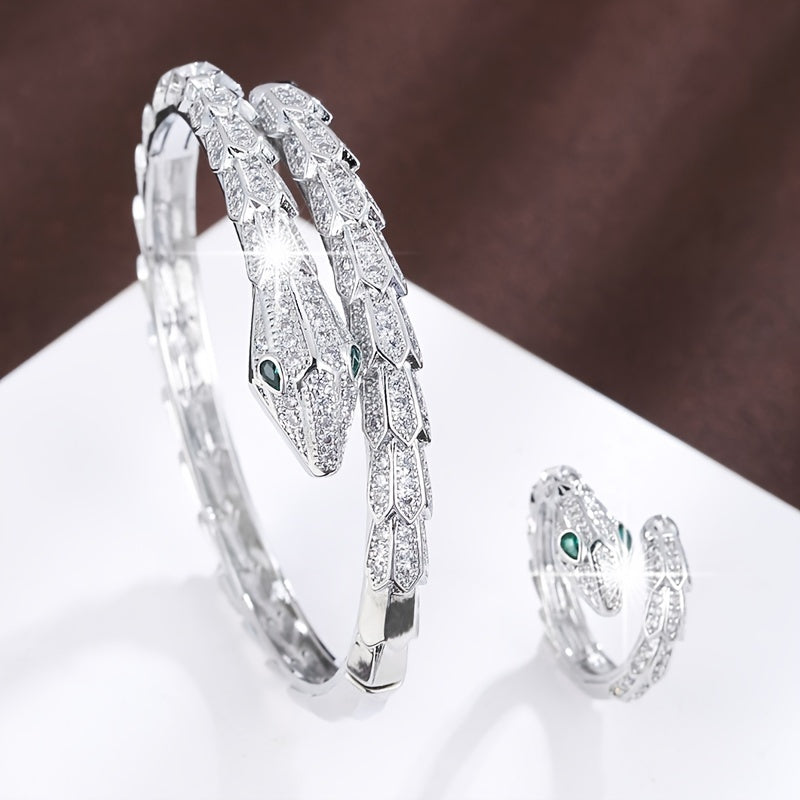 Women's Serpent-Inspired Jewelry Set with Zirconia Bracelet and Ring