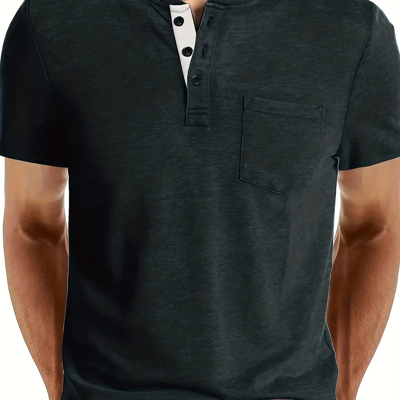 Erkaklar uchun plussiz casual Henley ko'ylagi, qattiq qora rangda, qisqa yenglar, ko'krak cho'ntagi va tugma tafsilotlari bilan, polyesterdan tayyorlangan va mashinada yuvish mumkin.