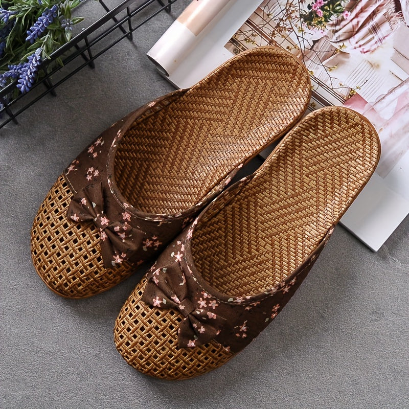 Women's Summer Straw Indoor Slippers Non-Slip Thick Sole Floor Linen
