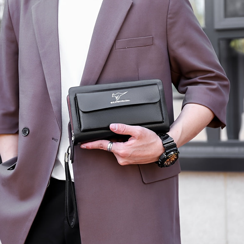 Men's Large Capacity Black Leather Wallet with Double Zipper and Wrist Strap for Office Use