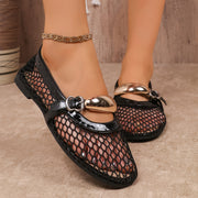 Women's Mesh Flat Shoes with Metal Buckle, Round Toe, Casual Summer