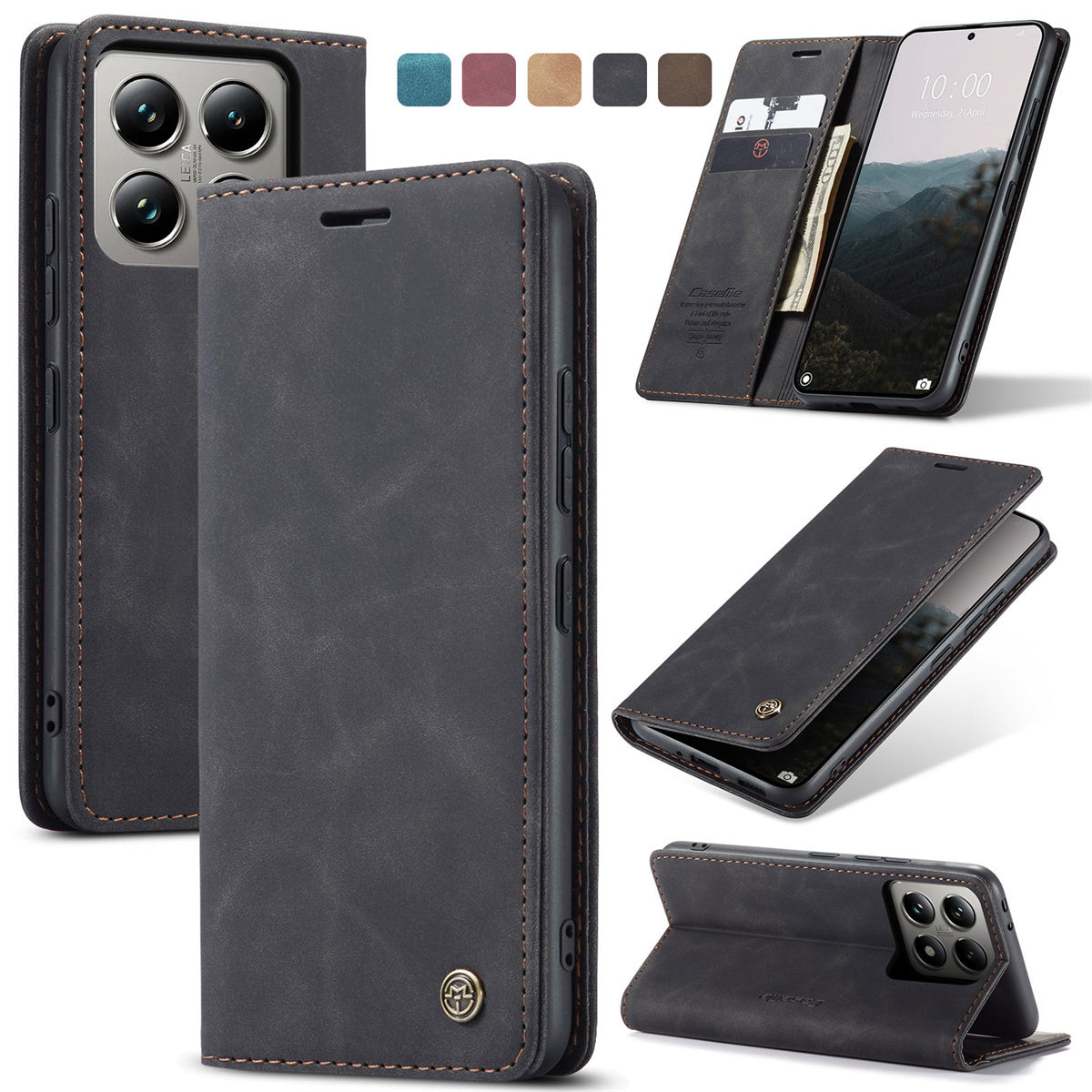 Faux Leather Flip Wallet Phone Case for Xiaomi 14T Pro and 14 with Card Holder and Kickstand
