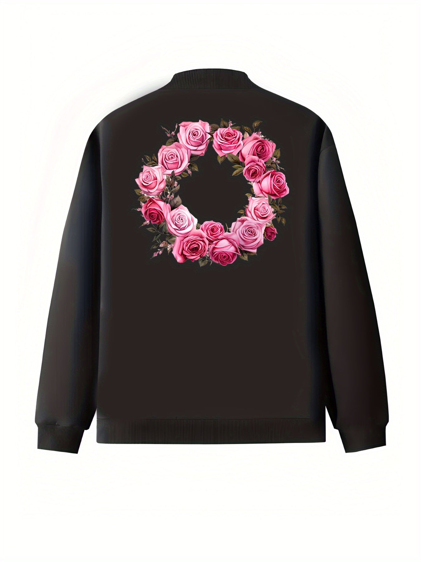 Plus Size Women's Casual Baseball Collar Jacket Lightweight Zip-Up All-Season Black Floral Print