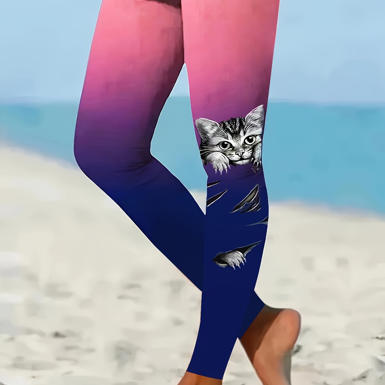 Leggings ajustados con estampado de gatos talla grande para mujer, pantalones casuales y elásticos