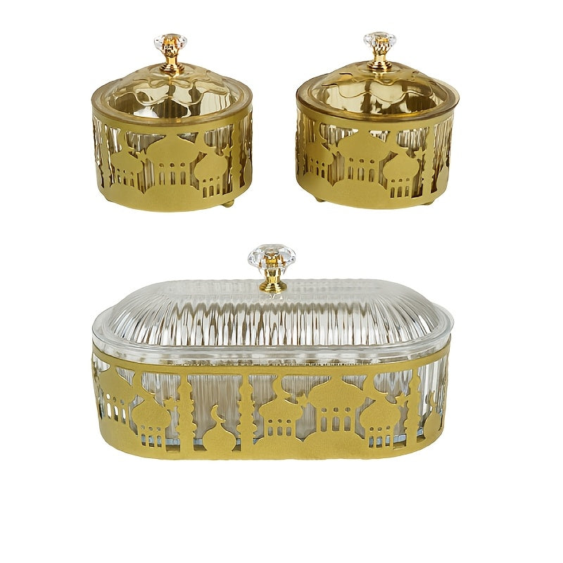 Set of 3 Metal Ramadan Trays with Castle Pattern Engraving and Lacquer Finish for Jewelry and Decor