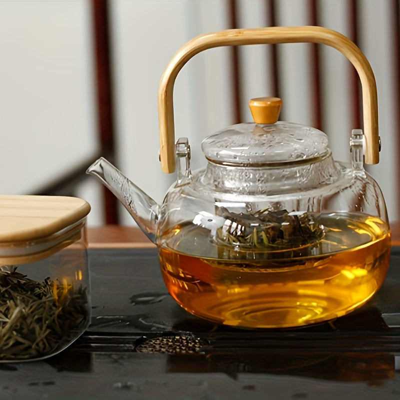 Glass Teapot with Bamboo Handle and Removable Infuser 34oz Heat-Resistant Borosilicate
