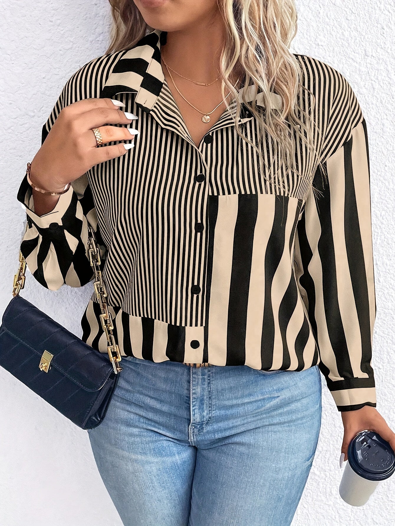 Plus Size Striped Colorblock Shirt Long Sleeve Button-Up Fall Casual