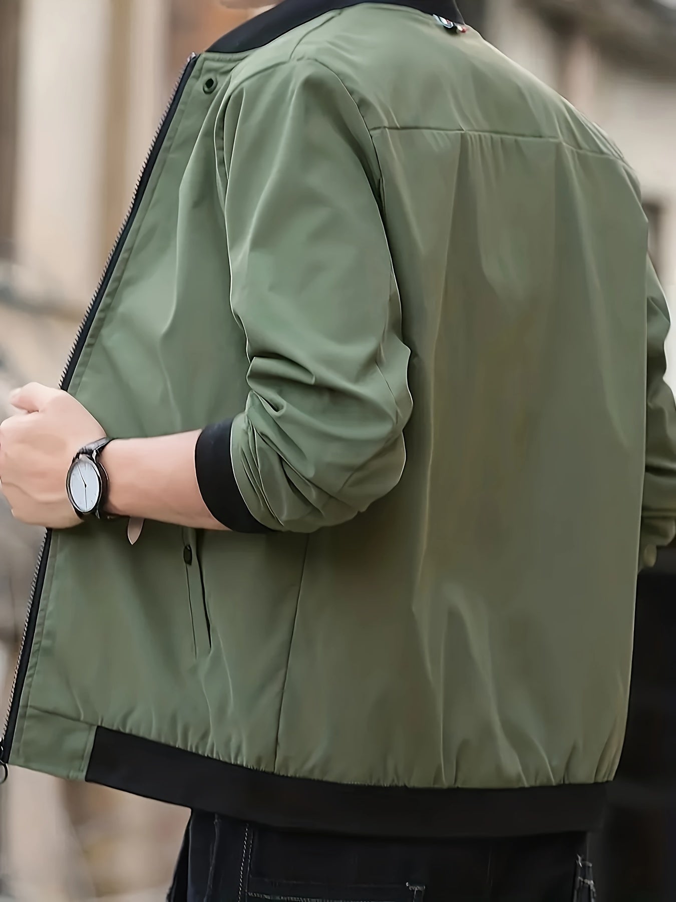 Men's Solid Color Woven Acetate Bomber Jacket with Stand Collar Lightweight Spring Fall Outerwear