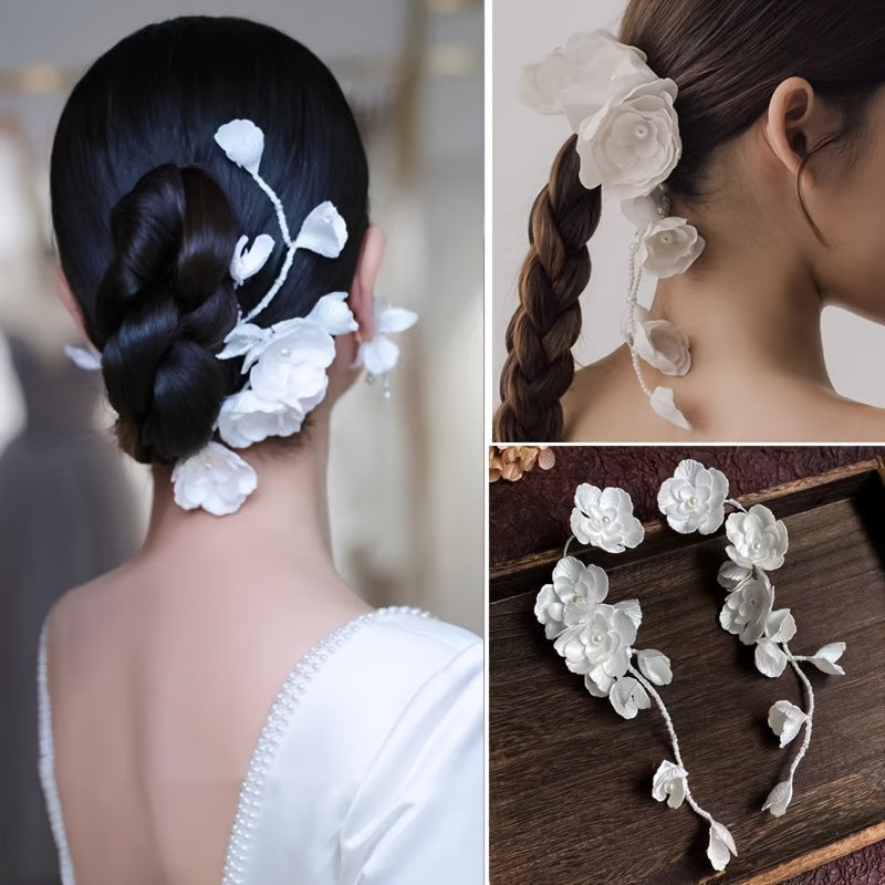 Bridal Headpiece Set Fabric Floral Hairband Earrings Vintage White Flower for Weddings and Events