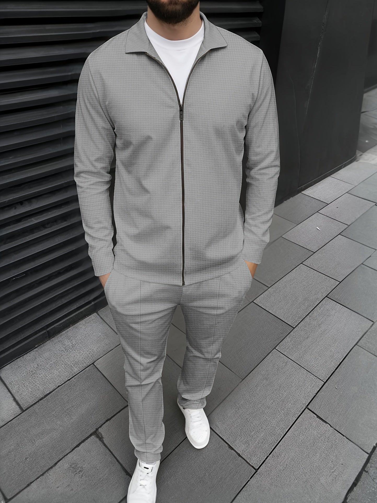 Men's Lightweight Casual Sports Set with Zipper Long Sleeves and Lapel Collar