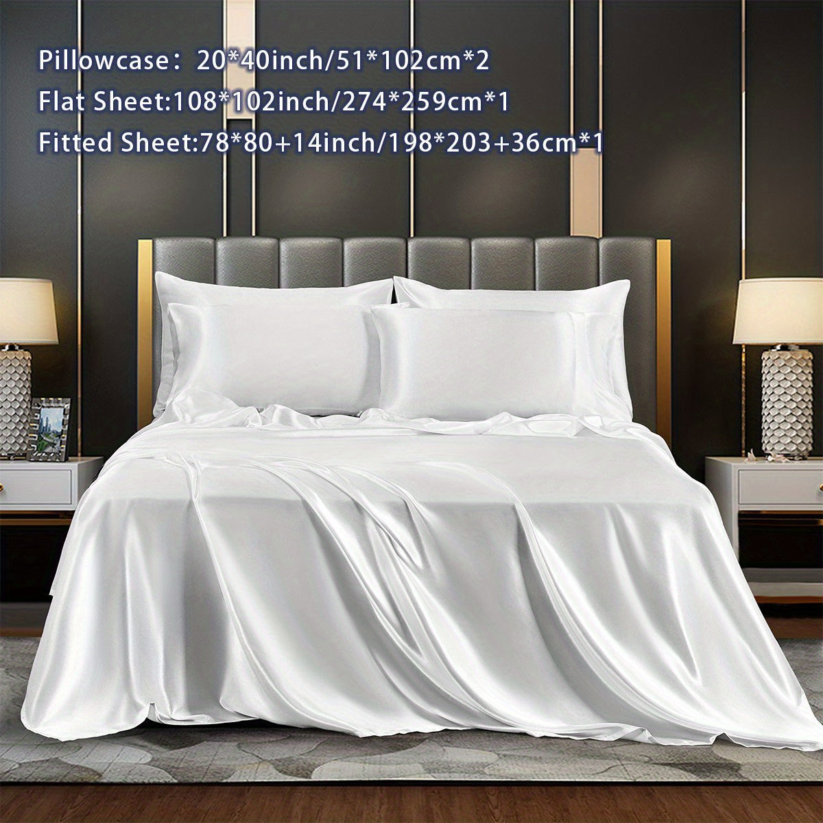 Satin Bed Sheets Set Fitted and Flat Sheets with Pillowcases for Bedroom