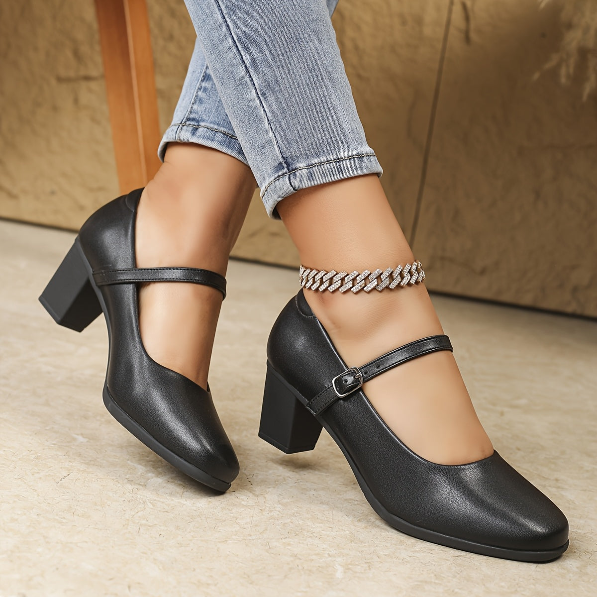 Women's Retro Mary Jane Pumps Black PU Mid-Chunky Heel Dress Shoes