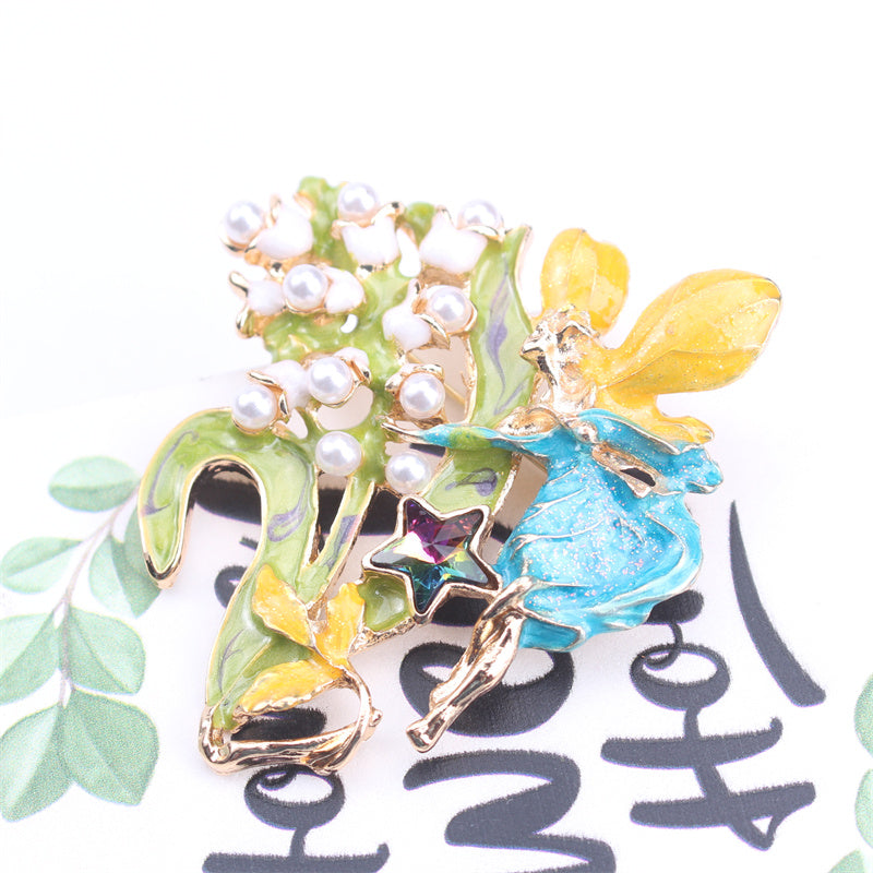 Minimalist Angel Fairy Enamel Brooch with Resin Flowers Irregular Shape Jewelry
