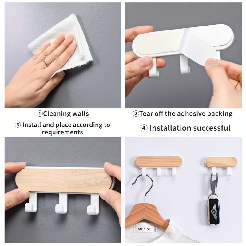 Ganchos de pared de madera de pino sin taladro, ahorra espacio para la cocina y el almacenamiento de ropa
