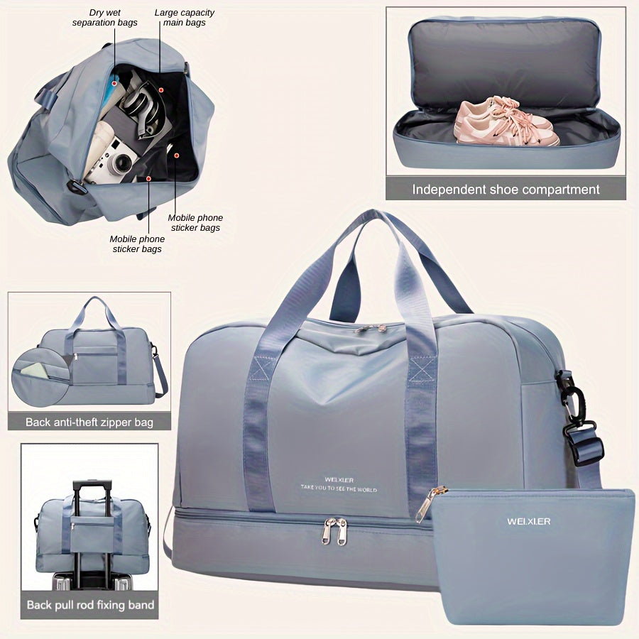 Travel Bag with Detachable Pouch Nylon Sports Fitness Makeup Weekend Trip Black Pink Green