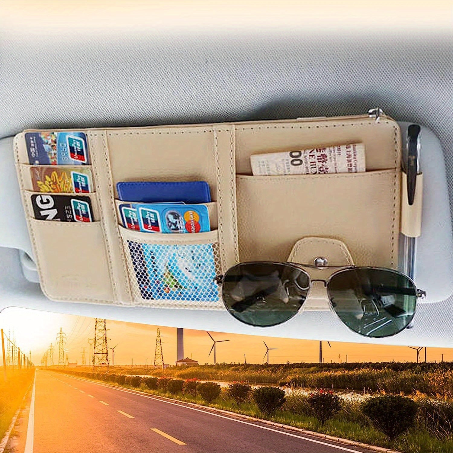 Car Sun Visor Organizer with Multiple Pockets and Card Holders in PU Leather