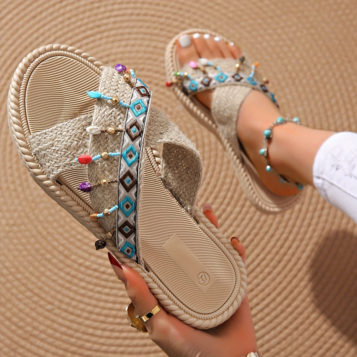 Women's Ethnic Flat Sandals Summer Slip-Resistant Durable Large Sizes