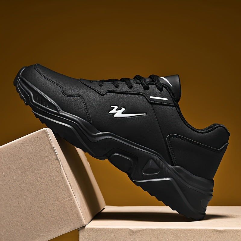 Men's Breathable PU Leather Casual Sneakers with Round Toe and Lace-Up Closure